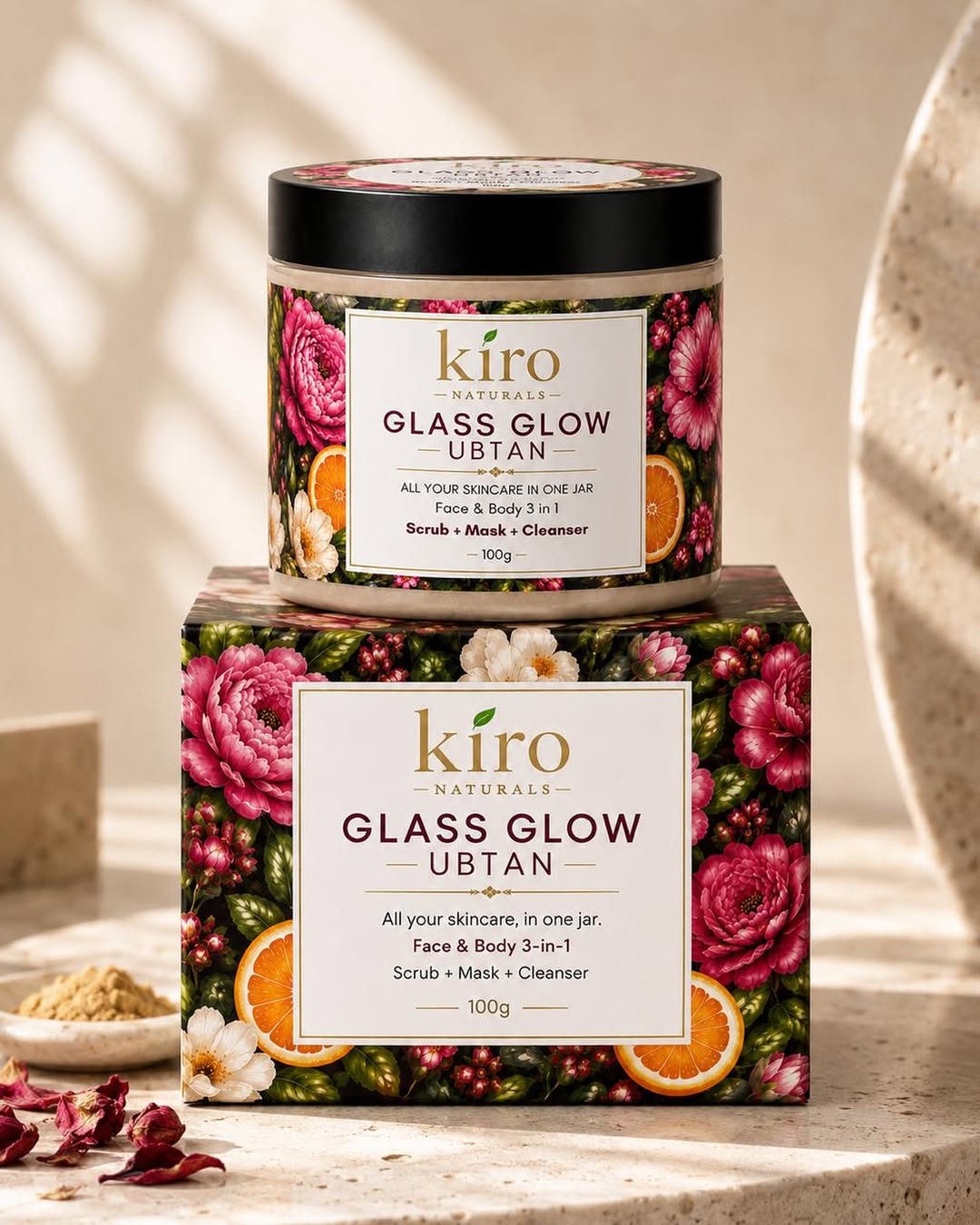 Kiro Naturals Glass Glow Ubtan | 3-in-1 Face & Body Cleanser, Scrub & Mask (100g)